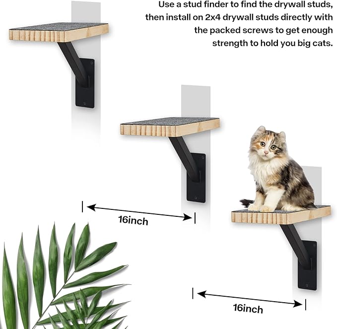 Cat Wall Climbing Steps Pack of 3 - Sturdy Wall Floating Shelves, Indoor Cat Furniture & Perch, Hammock Bed, Ladder Stairs - Easy to Install