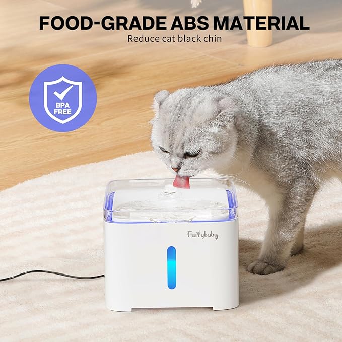 furrybaby Cat Water Fountain Quiet,67oz/2.0L Water Fountains for Cats Indoor with LED Light and Water Level Window,Small Pet Water Dispenser - Pure White ﻿