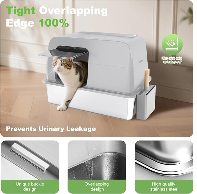 XL Stainless Steel Litter Box with Lid, Extra Large Enclosed Cat Litter Box for Big Cats, High Sided for No-Mess & Odor Control, Easy Clean Metal Pan with Scoop(Grey)