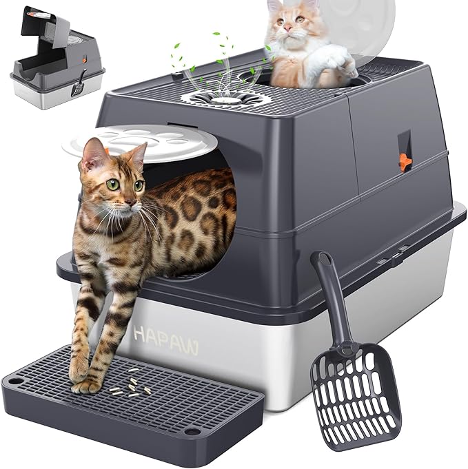 Stainless Steel Litter Box with Lid, 135° Flip-Top Extra Large Cat Litter Pan, Enclosed Metal Litter Box with Litter Scoop & Filter Pedal, Odor Free, Front & Top Dual Entry
