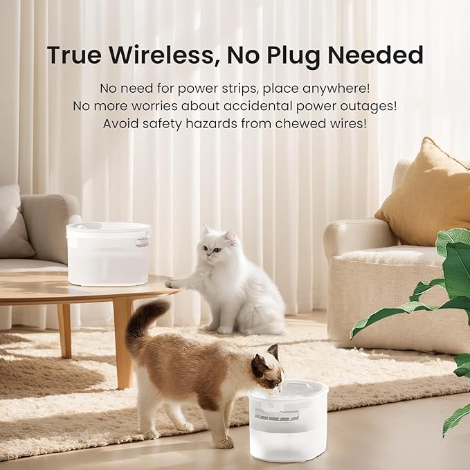 Cat Water Fountain 77.8Oz/2.3L Capacity Cat Fountain for Drinking - Wireless, Quiet, Multiple Pets