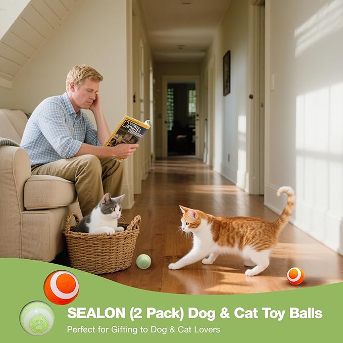 SEALON Electric Interactive Cat Toy Ball(2 Pack) Indoor Cat Play Ball, Suitable for Cats Over 6 Months for Exercise, Weight Loss, and Fun