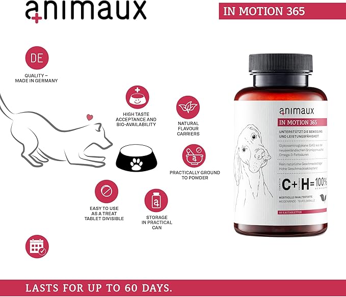 animaux – in Motion 365 for Dogs, Joints, Bones, Mobility, Ligaments and Tendons, Green-Lipped Mussel, Willow Bark and Devil’s Claw, Natural Pain Relief, 60 Chewable Tablets, 60 Days Supply