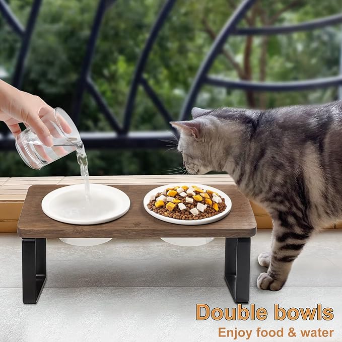 Sunhoo Ceramic Elevated Cat Bowls Raised Puppy Dishes for Food and Water Tilted Wooden Stand for Indoor Cats 5.5 inch Wide Double Dish Orthopedic Reduces Vomiting (Brown)