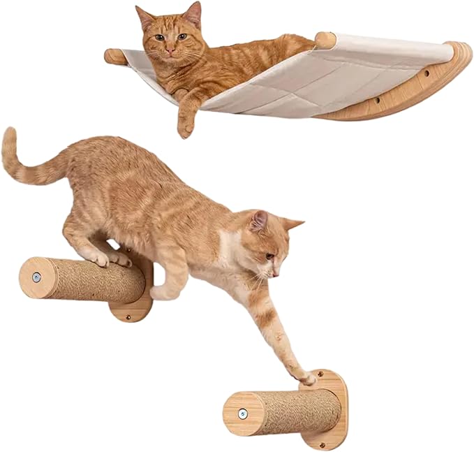 Cat Wall Shelves for Large Cats Set with Hammock, Steps & Scratching Pad - Solid Wood Mounted Climbing Furniture, Indoor Perch and Bed Wall System