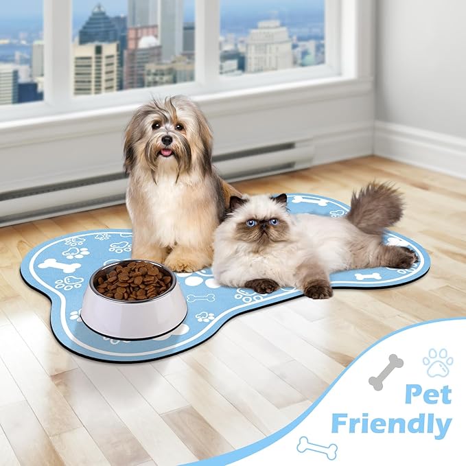 Dog Cat Mat for Food and Water,Rapid Absorbent Pet Feeding Mat, Bone Shaped Dog Placemat Bowl Mat with Rubber Backing,No Stains Pet Food Mats Indoor, Pet Accessories Supplies,Blue 16"×24"