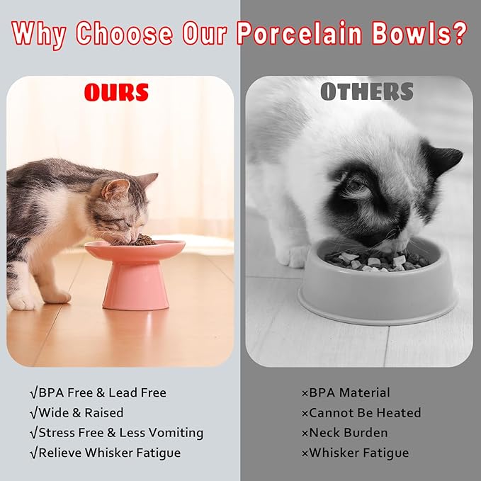 Extra Wide 6.1" Raised Cat Food Bowl, Shallow Ceramic Elevated Cat Feeder, Anti Vomiting, Stress Free, Whisker Fatigue, Pet Food or Water Bowl, Pink
