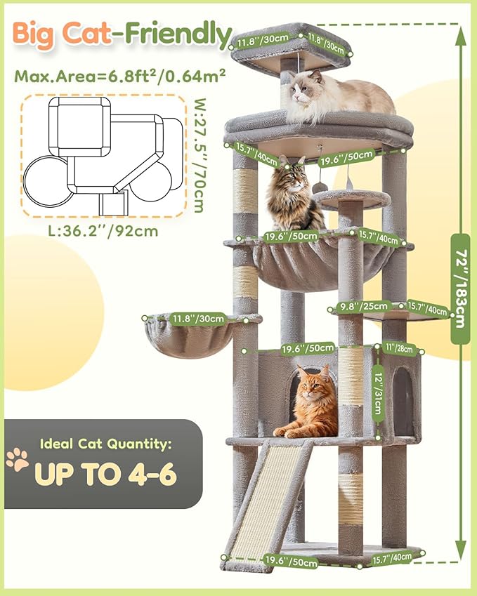 Taoqimiao 72 Inches Cat Tree for Large Cats, Multi-Level Tall Cat Tower, Widened Cat Condo with Large Scratch Board, 5 Scratching Posts, Metal Hammcock, Cozy Basket, Light Gray, MS045W