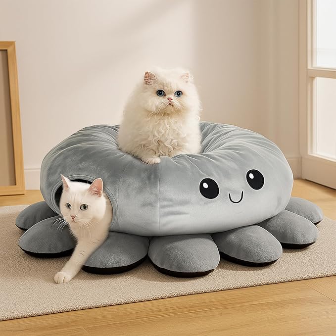 Cat Tunnel Bed for Indoor Cats, Peekaboo Cat Cave Bed,Soft Cat Donut Tunnel for Kitten Large Cats, Cute Green Octopus Shaped