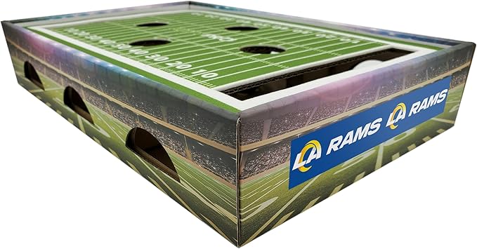 NFL Los Angeles Rams Football Stadium Cat Scratcher Find & Play Box With 2 Jingle Bell Balls - Game Day Toy, Field Felt Scratcher, Play and Lounge Stimulating Game