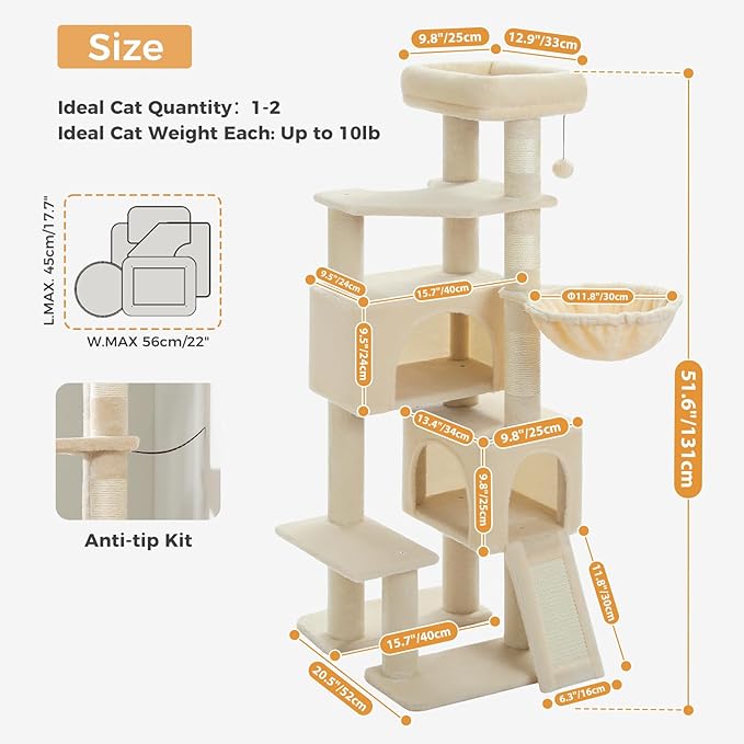 PAWZ Road Cat Tree, 51.6 Inches Cat Tower with Dual Condos, Spacious Perch, Cozy Basket and Sisal-Covered Scratching Posts for Small Cat and Kittens- Beige