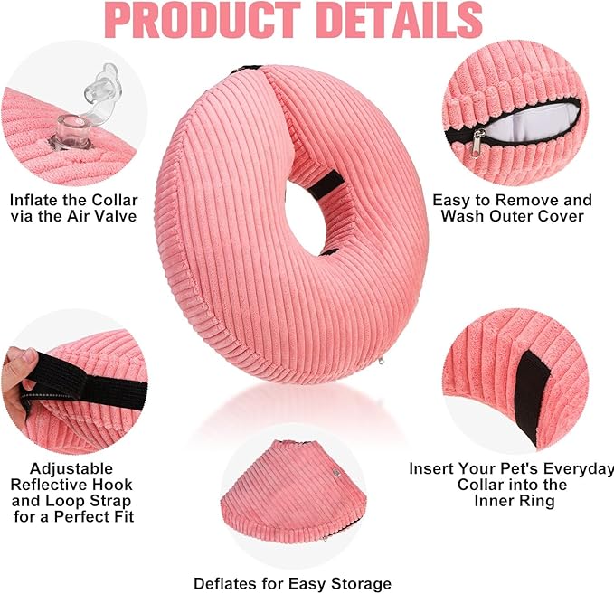 BINGPET Inflatable Dog Cone Collar Alternative After Surgery,Soft Recovery Cone for Dogs to Stop Licking,Protective Neck Donut E Collar Adjustable for Small Medium Large Dogs & Cats(Pink,L)