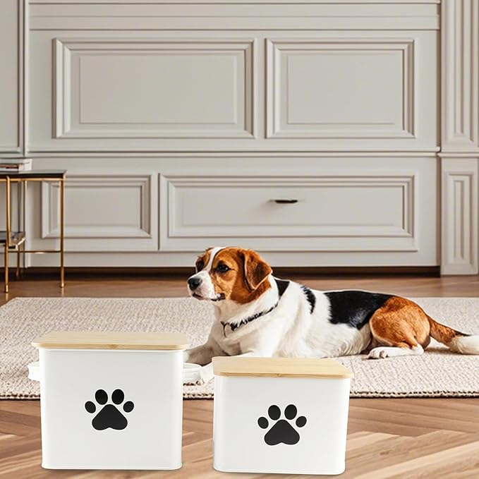 Set of 2 Airtight Dog Treat Container -10lb Metal Dog Food Canister -Dog Treat Jars for Kitchen Counter with Bamboo Lids-Pet Puppy Food Bin with Food Scoop- Doggie Cookie Jar-White
