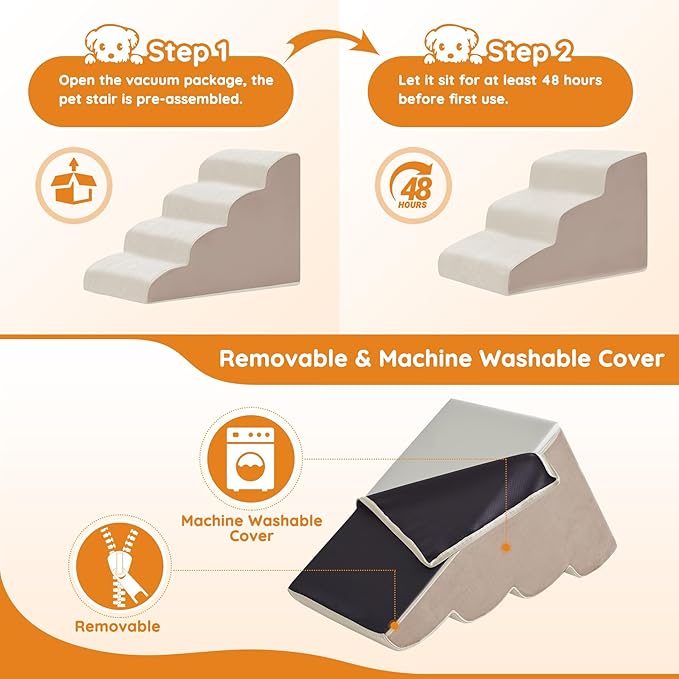 Dogs Steps for Bed, Dog Stairs for Small Dogs, 2-Step Dog Ramp for Bed, Couch, Sofa, and Chairs, Non-Slip Bottom Design, Cat Scratching, High Density Foam Portable Pet Step, Indoor, Beige