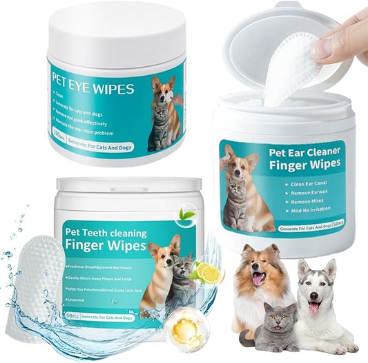 Pet Cleaning Wipes Kit For Dogs&Cats,includes Ear Finger Wipes,Teeth Finger Wipes and Eyes Wipes,Gently Clean Dogs&Cats Ear Wax,Remove Plaque&Tartar Buildup and Reduce Tear Stains,Non-Irritatingogs