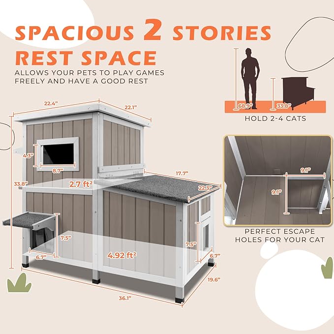 36.1" L Outdoor Cat House,2 Story Wooden Outdoor Cat Shelter with 3 Escape Doors,Weatherproof Fir Wood Feral Cat House with 2 Big Rest Room & Openable Asphalt Roof for 2-3 Cats
