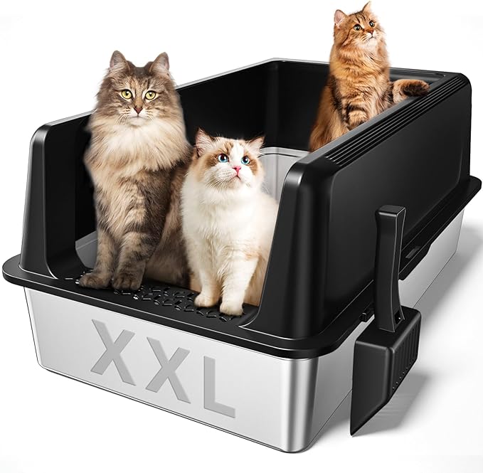 Zarler XXL Stainless Steel Litter Box for Cats, Extra Large Metal Cat Litter Box with Lid, High Sided Non-Stick Design, Leak Proof and Rust Resistant, 28 x 20 x 13 Inches, Black