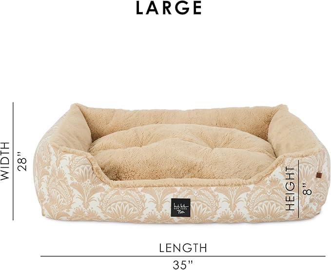 Nicole Miller New York PET Mod Damask Plushy Bolster Pet Bed, Cozy & Calming, Non-Slip Bottom, Machine Washable Cover, Taupe, Large 35"x28"x8"