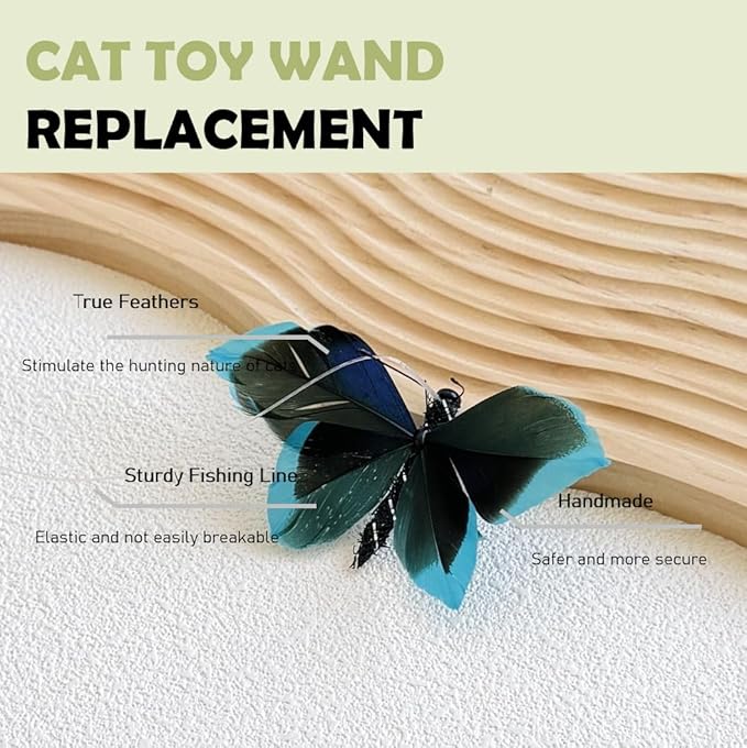 Cat Insect Feather Toys Replacement - 2 Pcs Handmade Natural Butterfly - Cat Toy Wand Refills - Interactive Kitten Teaser Wand Attachments - Cat Toys for Indoor Cats Play
