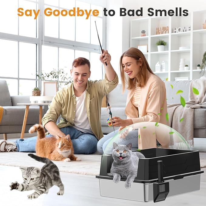 XXXL Stainless Steel Litter Box,Extra Large 28" L x 20" W Metal Litter Box for Big Cats & Multiple Cats with High Sided, Anti-Urine Leakage, Non-Sticky, Easy Cleaning, Include Scoop(Black)