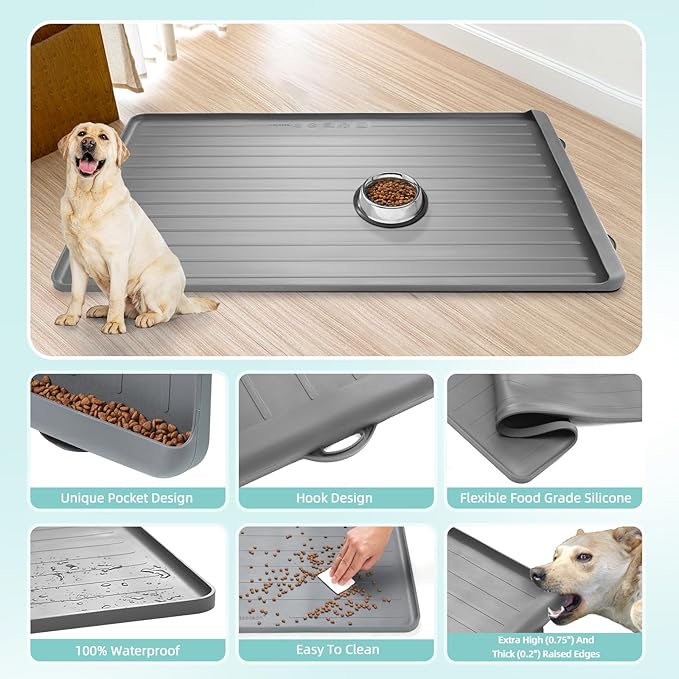Dog Mat for Food and Water - 39.4" x 27" Large Pet Feeding Mats with Residue Collection Pocket - Waterproof Dog Cat Bowl Mat with High Edges to Prevent Water and Food Spills (Light Grey)