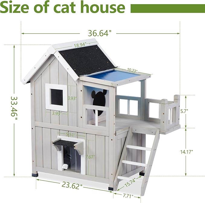 Outdoor Cat House, Cat Shelter for Feral Cats, Weatherproof 2-Story Wooden Cat House with Escape Door for 2-3 Cats