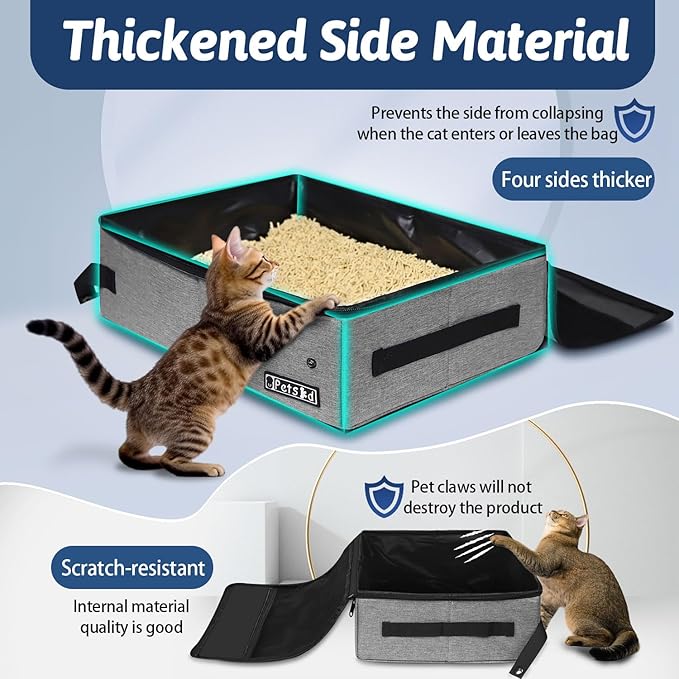 Petskd Portable Cat Travel Litter Box with Lid and 10 pcs Disposable Liner Bags, Leak-Proof and Collapsible, Cat Travel Essentials for Car, Hotel, Airplane and Other Outdoor Use(Grey)