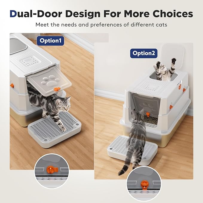 FURTIME Stainless Steel Litter Box with Lid, XL Extra Large Enclosed Cat Litter Box for Big Cats, Metal Cat Box with High Sided Enclosure & Scoop, Front & Top Entry, Odor Free, Anti-Leakage, Silver