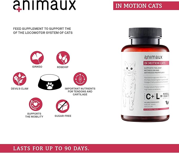 animaux - in Motion Cats, Green-lipped Mussel, Devil's Claw, Rose Hip & Ginkgo, Support for Bones, Joints, Cartilage, tendons, with Hyaluron, Collagen, 90 chewable Tablets, 90 Days Supply