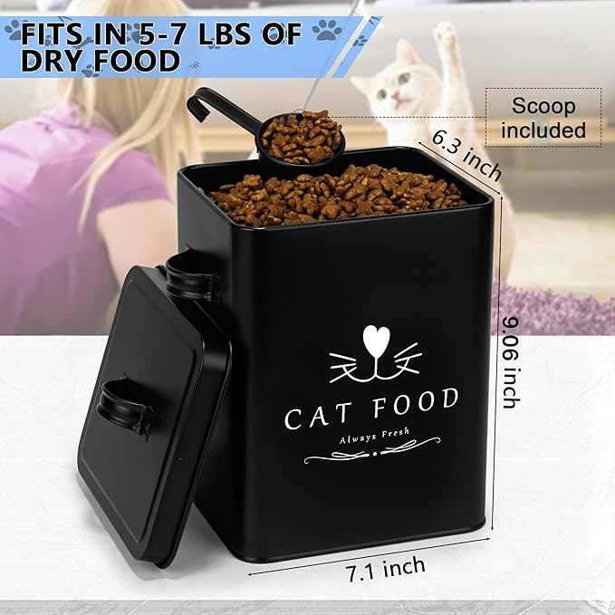 Meraki Home Farmhouse Cat Food and Treats Containers + Feed Scoop + Pet Food Bowl - Tight Lids - Large Metal Storage Bin - Great Gift for Cute Pets (Matte Black)
