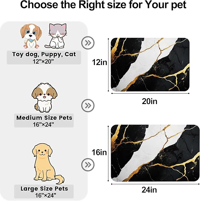Black Gold Marble Dog Cat Food Mat-Absorbent Placemat for Food and Water Bowl, Waterproof Non Slip Rubber Backing Dog Food Mats for Floors, Pet Supplies 16 * 24 inch