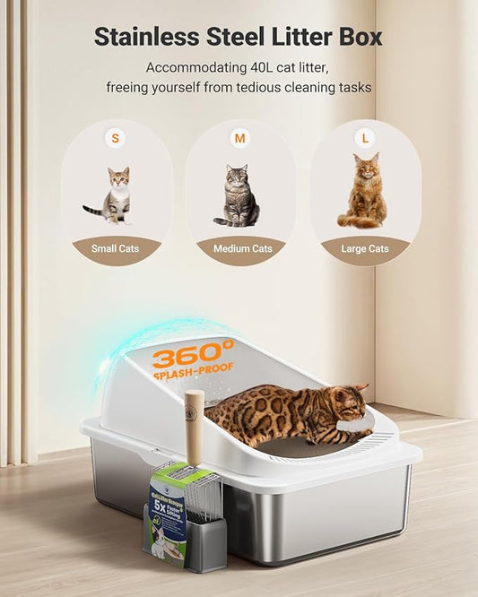 Stainless Steel Cat Litter Box with Scoop, Metal Litter Box High Sided, Cat Litter Box Enclosure, XL Extra Large High-Sided Litter Boxs (Anti-Urine Leakage, Include Scoop) (Black＆White)