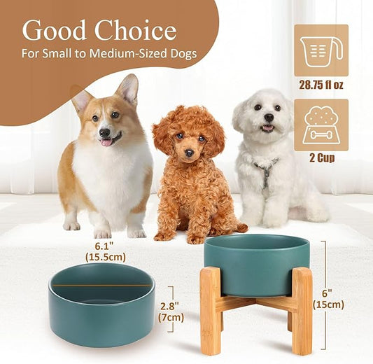 Ceramic Elevated Raised Cat Bowl with Wood Stand No Spill Pet Food Water Feeder Cats Small Dogs