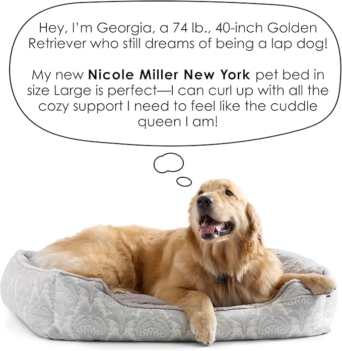 Nicole Miller New York PET Mod Damask Plushy Bolster Pet Bed, Cozy & Calming, Non-Slip Bottom, Machine Washable Cover, Blue, Large 35"x28"x8"