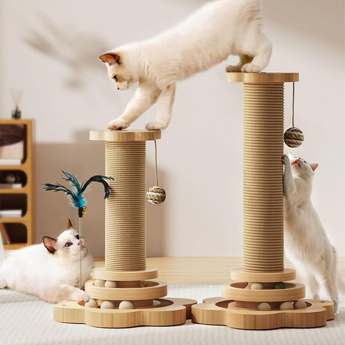 Cat Scratching Post 16'' Tall Cat Scratching Posts for Indoor Cats Adults with Hanging Ball and Interactive Wooden Ball Sisal Rope Cats Scratch Post