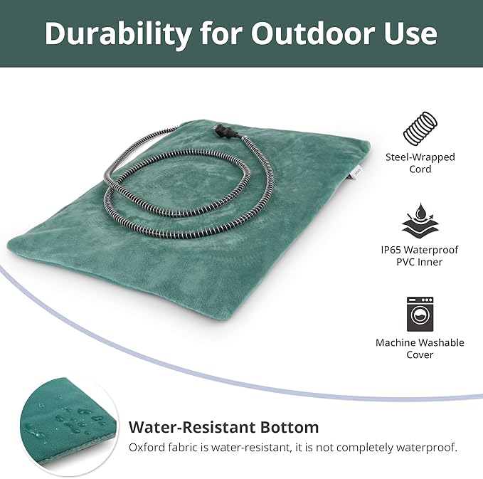 Outdoor Heated Cat Bed, Soft Pet Heating Pad with Steel-Wrapped Cord, Outside Pet Warmer for Feral Cats and Dogs, 19.7" x 15.7", 40 Watts