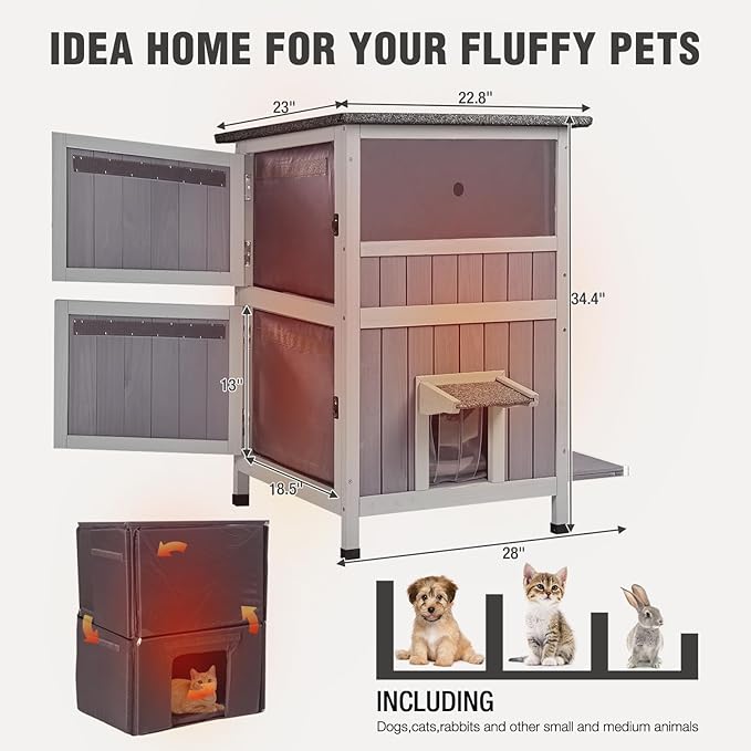 Outdoor Cat House Weatherproof, Heated Feral Cat House with Insulated Liner, 2-Storys Wooden Stray Cat Shelter for Winter