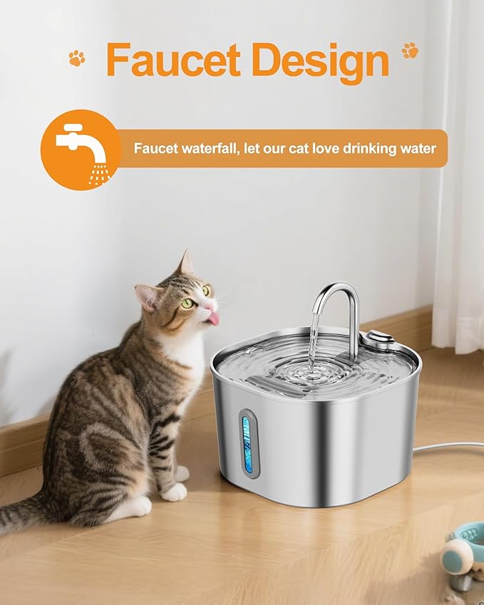Cat Water Fountain Stainless Steel: 2.2L Pet Fountains for Cats Indoor Automatic Cat Fountain for Drinking Small Animal Water Bowl Dispenser Quiet Kitty Watering Supplies -for Small/Medium Cats & Dogs