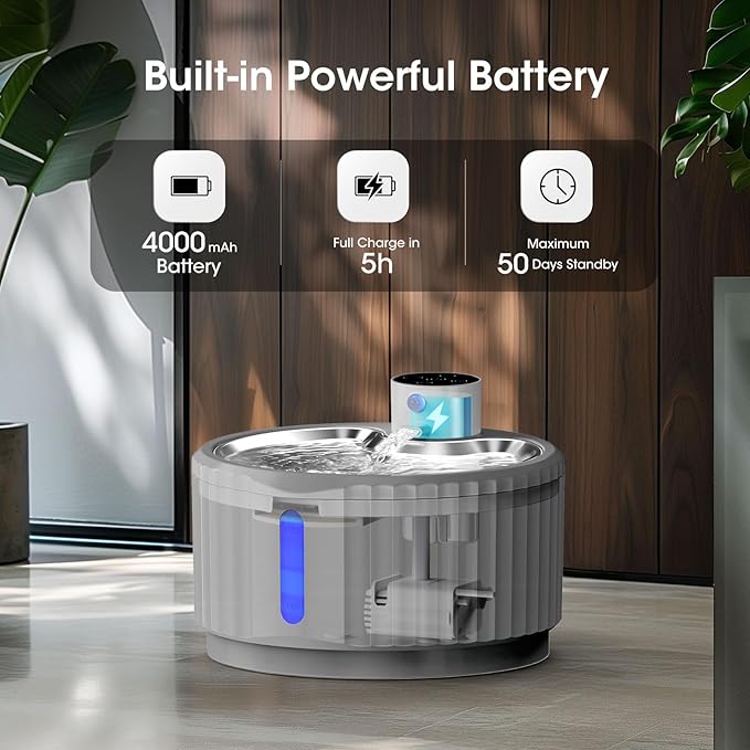 Wireless Cat Water Fountain, 95 oz/2.8 L Battery Operated Pet Water Fountain for Cats Inside, Automatic Dog Water Fountain with Stainless Steel Tray, Motion Sensor, Quiet Pump (Grey)