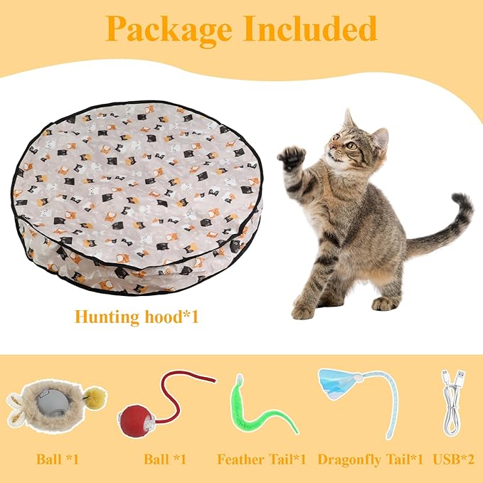 Interactive Cat Toys for Indoor Automatic Cat Balls Hide and Seek in Pouch, with 2 Balls 3 Tails Play Mat, 5 Ways Playing Enrichment Toys