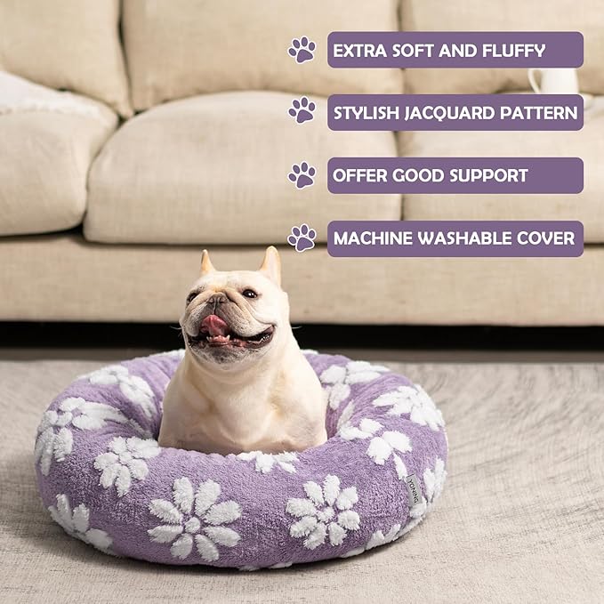 Donut Dog Beds for Small Dogs, Calming Round Cat Beds for Indoor Cats, Cute 3D Textured Flower Pet Bed with Removable Washable Cover and Anti-Slip Bottom（Purple，20"）