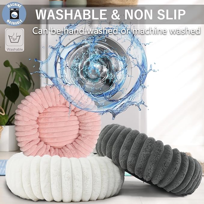 Donut Small Dog Bed Washable Cute Puppy Beds with Corduroy Fleece & Anti Slip Bottom, Round Faux Fur Pet Snuggle Beds for Large Cat, Pink, Small Breed 23x23x6 inches
