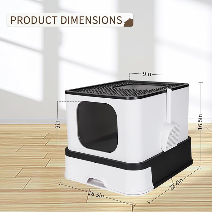 RIZZARI Stainless Steel Cat Box: Enclosed Design with High Walls - Black - Large Litter Pan for Odor Control Indoors