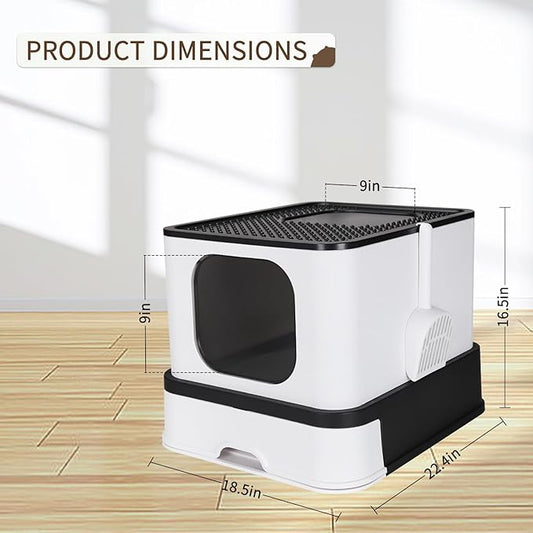 RIZZARI Stainless Steel Cat Box: Enclosed Design with High Walls - Black - Large Litter Pan for Odor Control Indoors