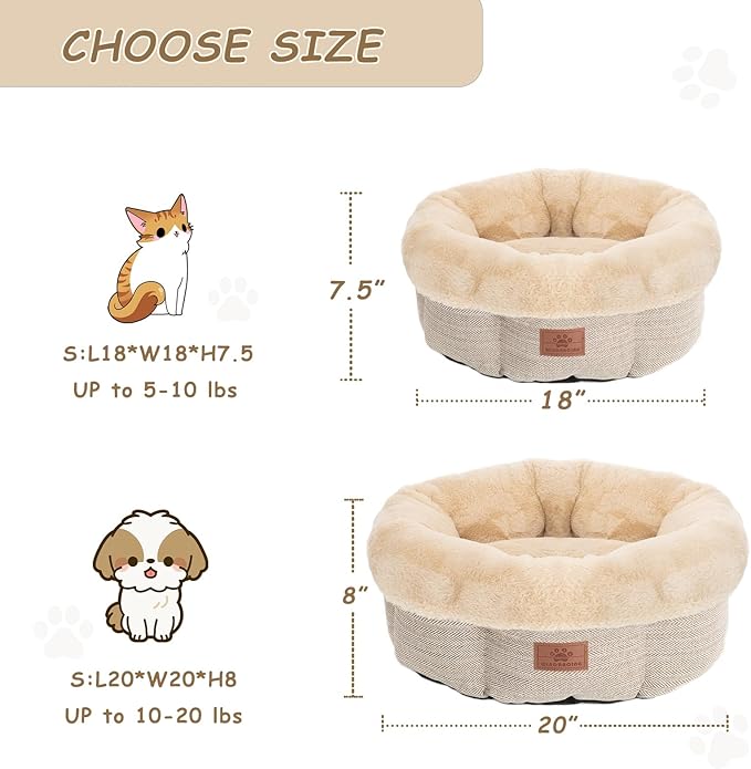 Cat Beds for Indoor Cats, Dog Bed for Small Dogs Breeds, Soft Kennel Bed, Comfy Durable Pet Sleeping Bed, Washable Roun Cat Bed & Non-Slip Bottom, Size 20" L x 20" W x 8" Th