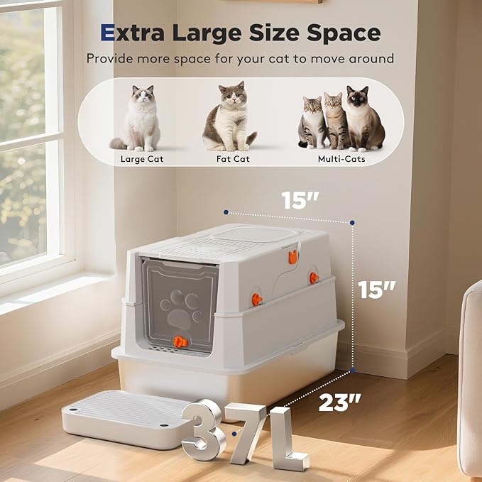 FURTIME Stainless Steel Litter Box with Lid, XL Extra Large Enclosed Cat Litter Box for Big Cats, Metal Cat Box with High Sided Enclosure & Scoop, Front & Top Entry, Odor Free, Anti-Leakage, Silver