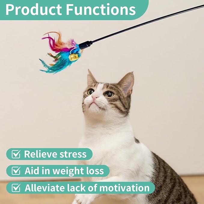 Cat Feather Toys, Cat Toy with Elastic Turkey Feathers, Interactive Teaser Wand with Bell, Durable Flexible Rod for Playful Kittens and Cats, Indoor Entertainment for Pets (1.64")