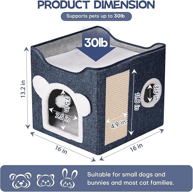 Cat Beds for Indoor Cats, Large Cat House Foldable Cat Cave with Scratch Pad and Hanging Fluffy Ball, Reversible Cushion Hideaway for Pet Cats, 16.5x16.5x13.2 inches, Dark Blue