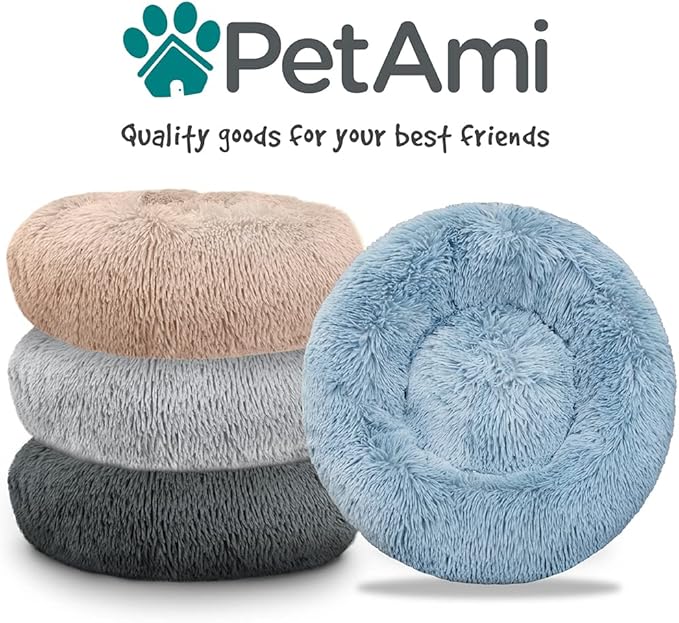 PetAmi Calming Dog Bed for Small Medium Dogs and Cats, Round Donut Washable, Fluffy Faux Fur Plush Cuddler Pet Kitten Cushion, Anti-Slip, Fits up to 45 lbs, 30 inch, Dark Gray