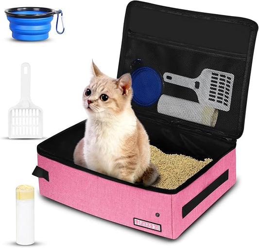 Petskd Portable Cat Travel Litter Box with Lid and 10 pcs Disposable Liner Bags, Leak-Proof and Collapsible, Cat Travel Essentials for Car, Hotel, Airplane and Other Outdoor Use(Pink)
